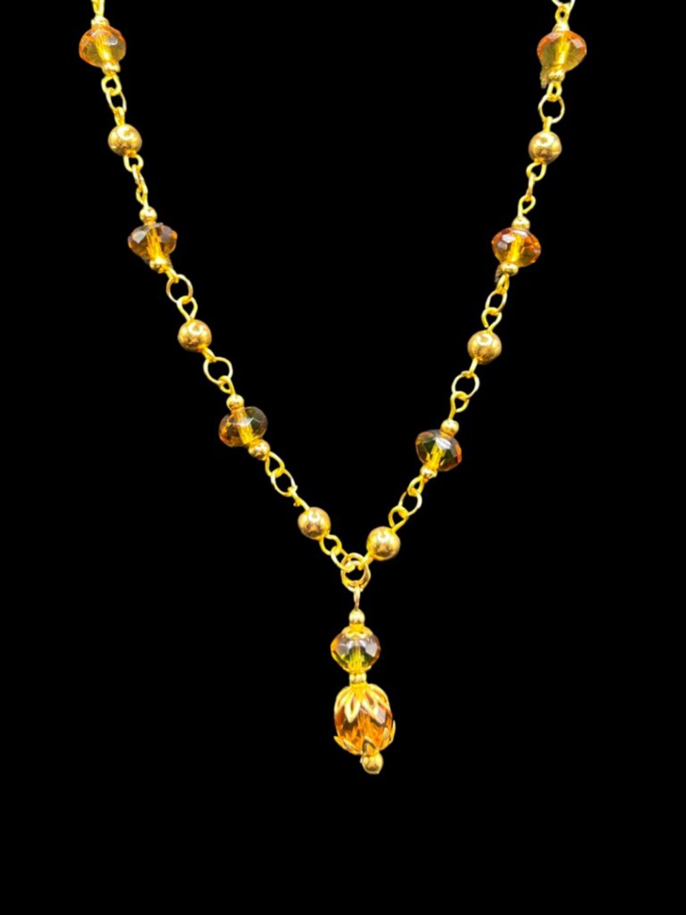 Amber Uranium Glass Bead Necklace UV Reactive Glows Green Gold-Toned Metal - Picture 2 of 9